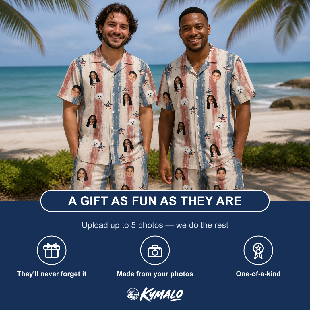 Friends in matching Men's Union Spark Custom Face Shirt & Shorts Set — a group gift photo