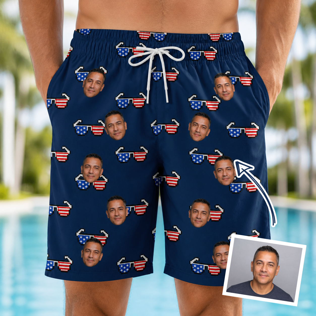 Man wearing Men's Rebel Reflectors Custom Face Beach Shorts — custom faces printed all-over