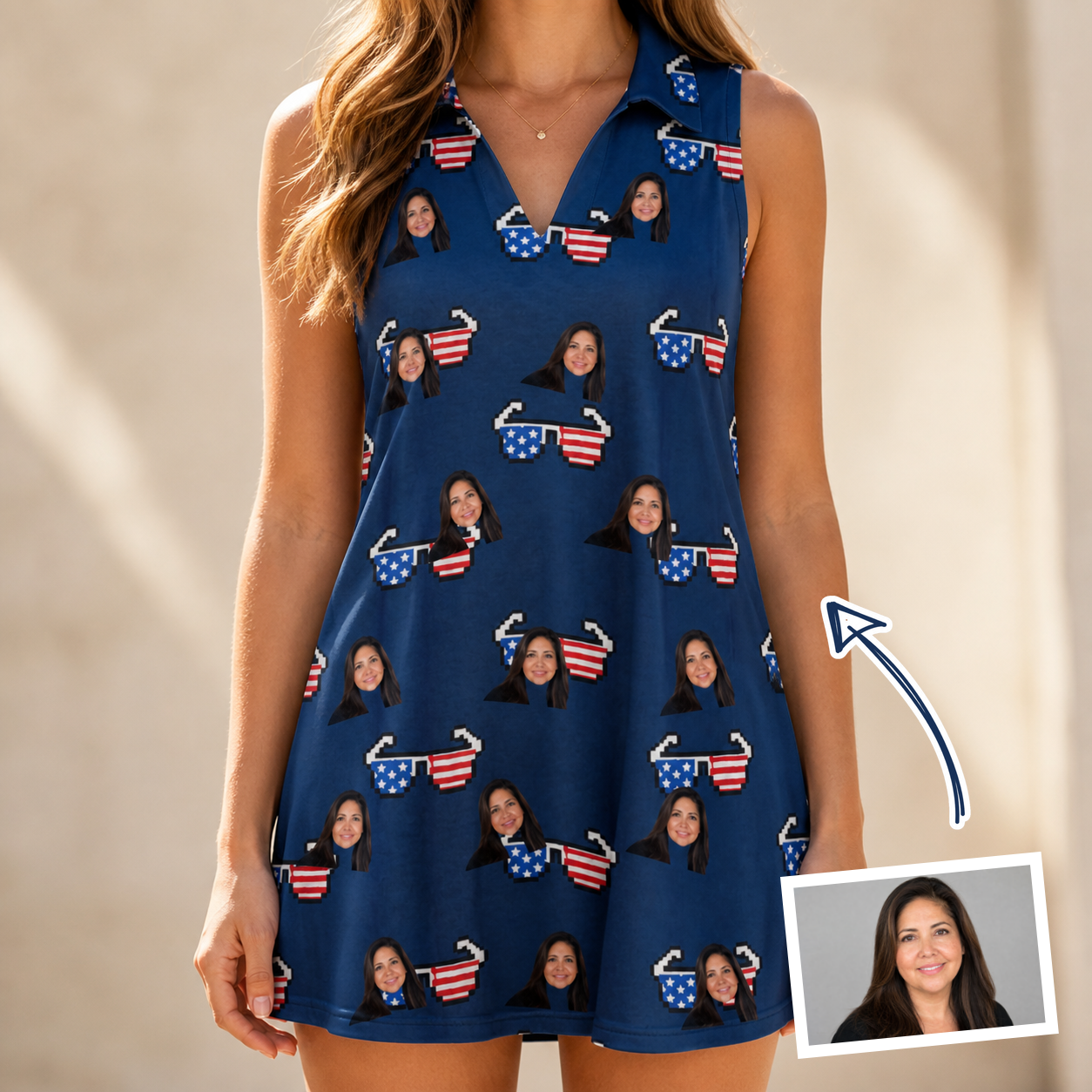 Woman wearing Women's Rebel Reflectors Custom Face V-Neck Dress — custom faces printed all-over