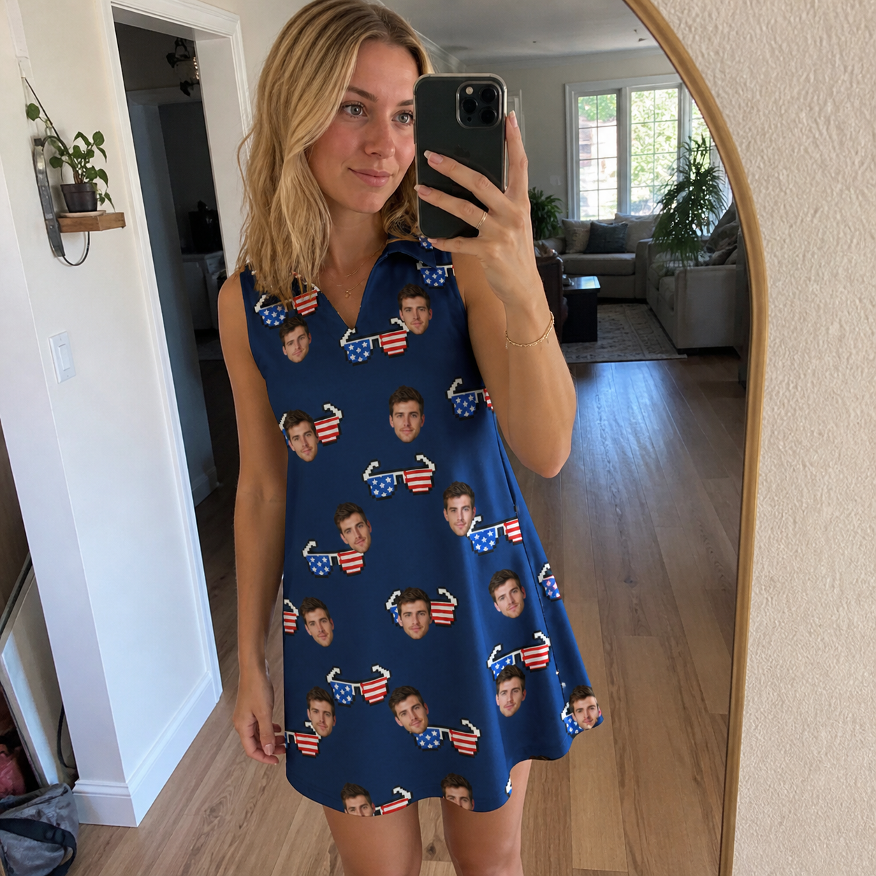 Real-life photo of someone wearing Women's Rebel Reflectors Custom Face V-Neck Dress — custom faces printed all-over
