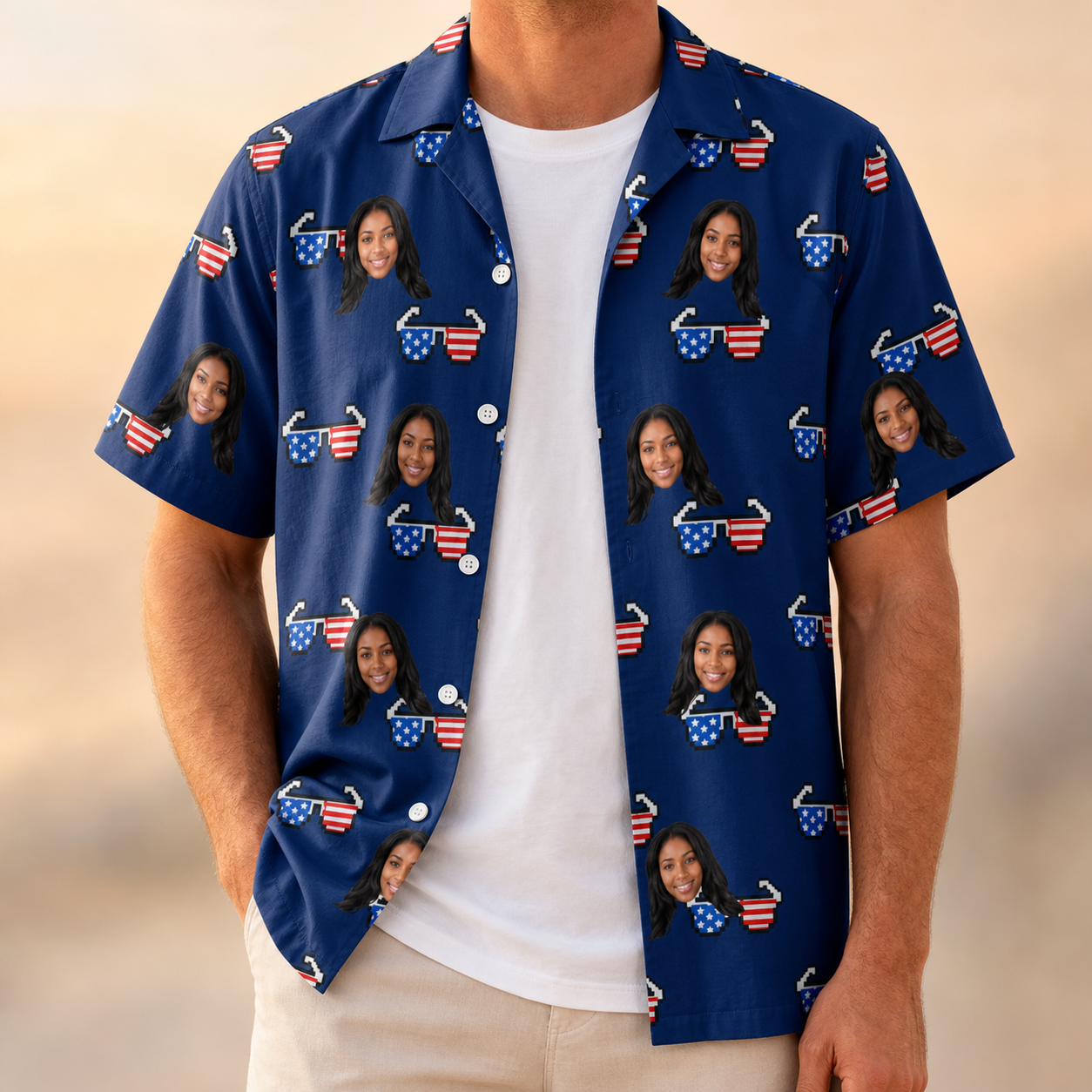 Man wearing Men's Rebel Reflectors Custom Face Hawaiian Shirt open over a white tee