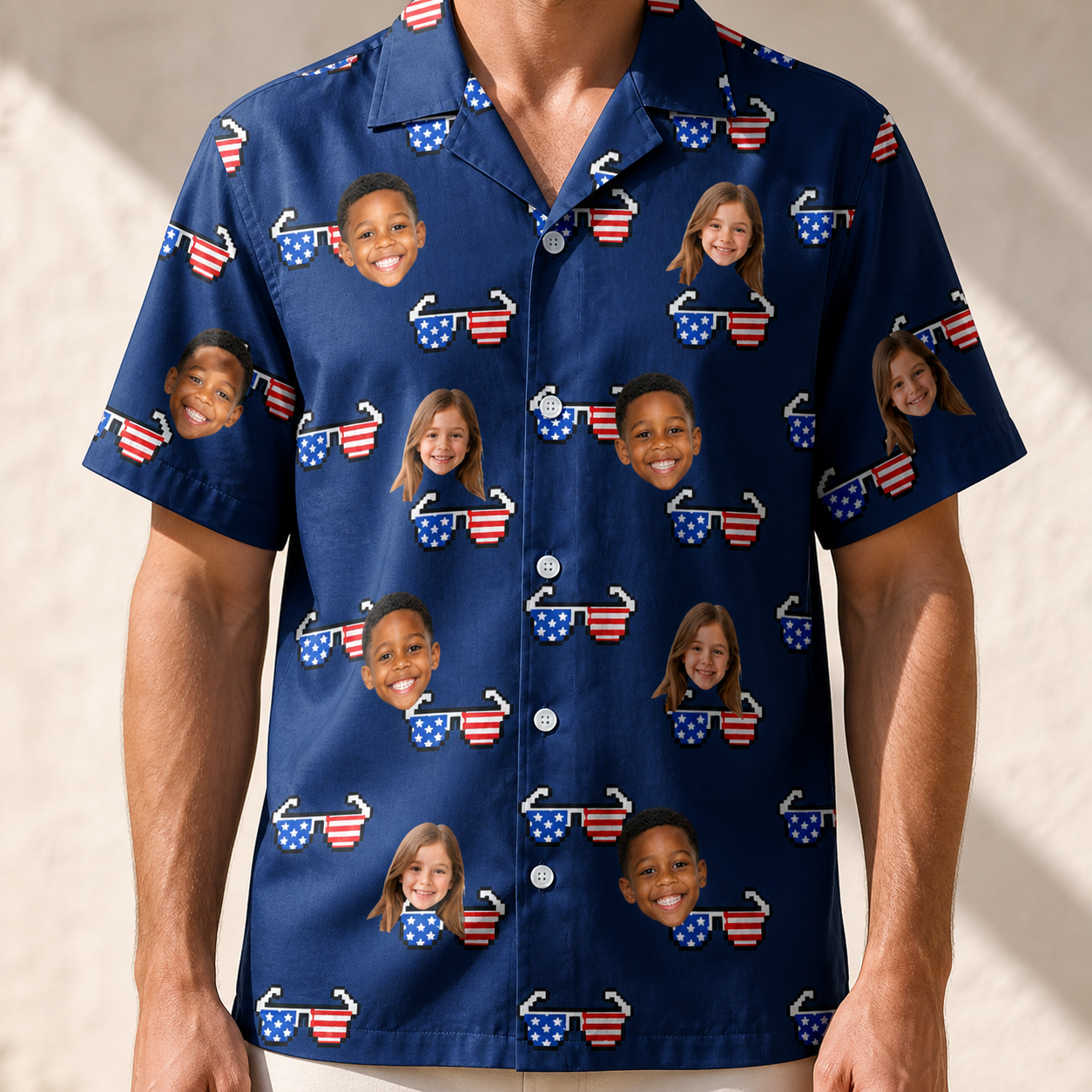 Model wearing Men's Rebel Reflectors Custom Face Hawaiian Shirt printed with kids' faces