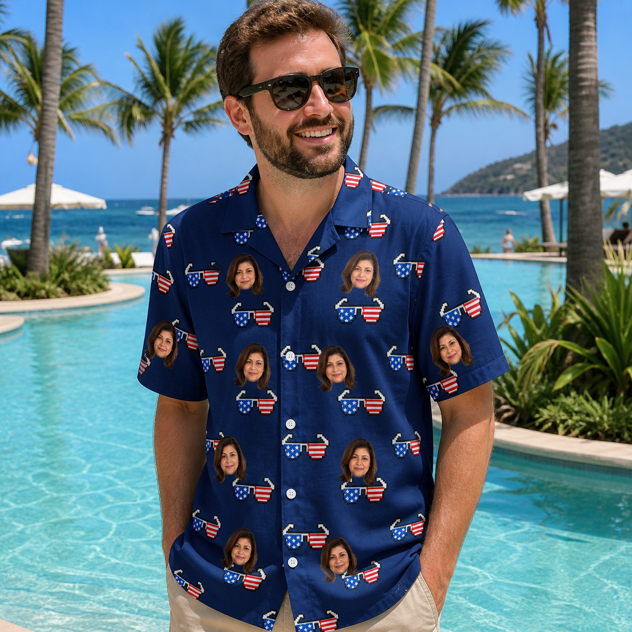 Real-life photo of someone wearing Men's Rebel Reflectors Custom Face Hawaiian Shirt — custom faces printed all-over