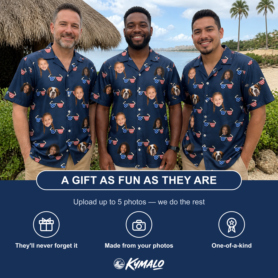 Friends in matching Men's Rebel Reflectors Custom Face Hawaiian Shirt — a group gift photo