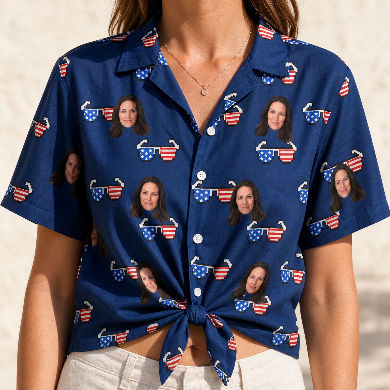 Woman wearing Women's Rebel Reflectors Custom Face Hawaiian Shirt tied at the waist