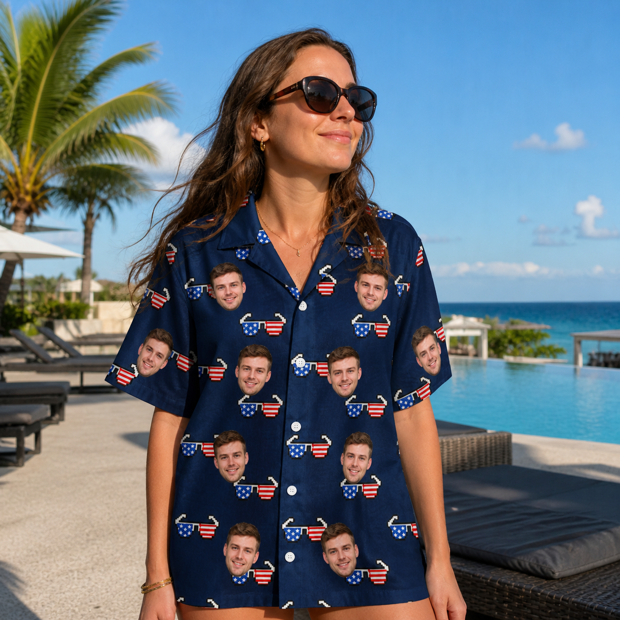 Real-life photo of someone wearing Women's Rebel Reflectors Custom Face Hawaiian Shirt — custom faces printed all-over