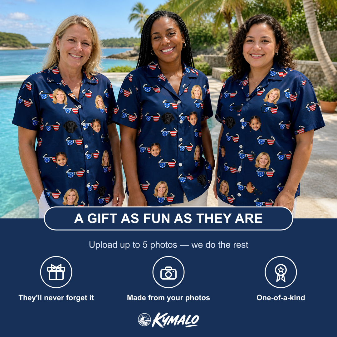 Friends in matching Women's Rebel Reflectors Custom Face Hawaiian Shirt — a group gift photo