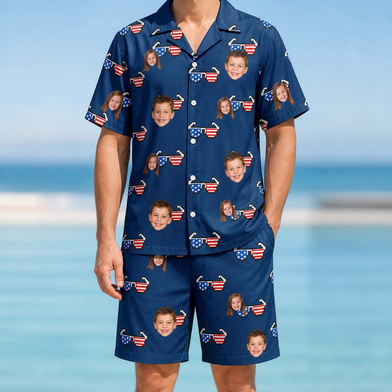 Model wearing Men's Rebel Reflectors Custom Face Shirt & Shorts Set printed with kids' faces