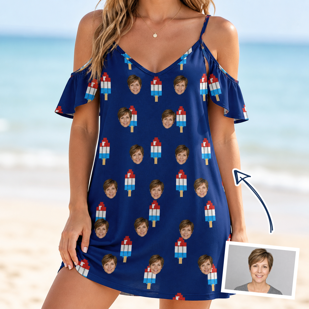 Woman wearing Women's Declaration Drips Custom Face Off-Shoulder Dress — custom faces printed all-over