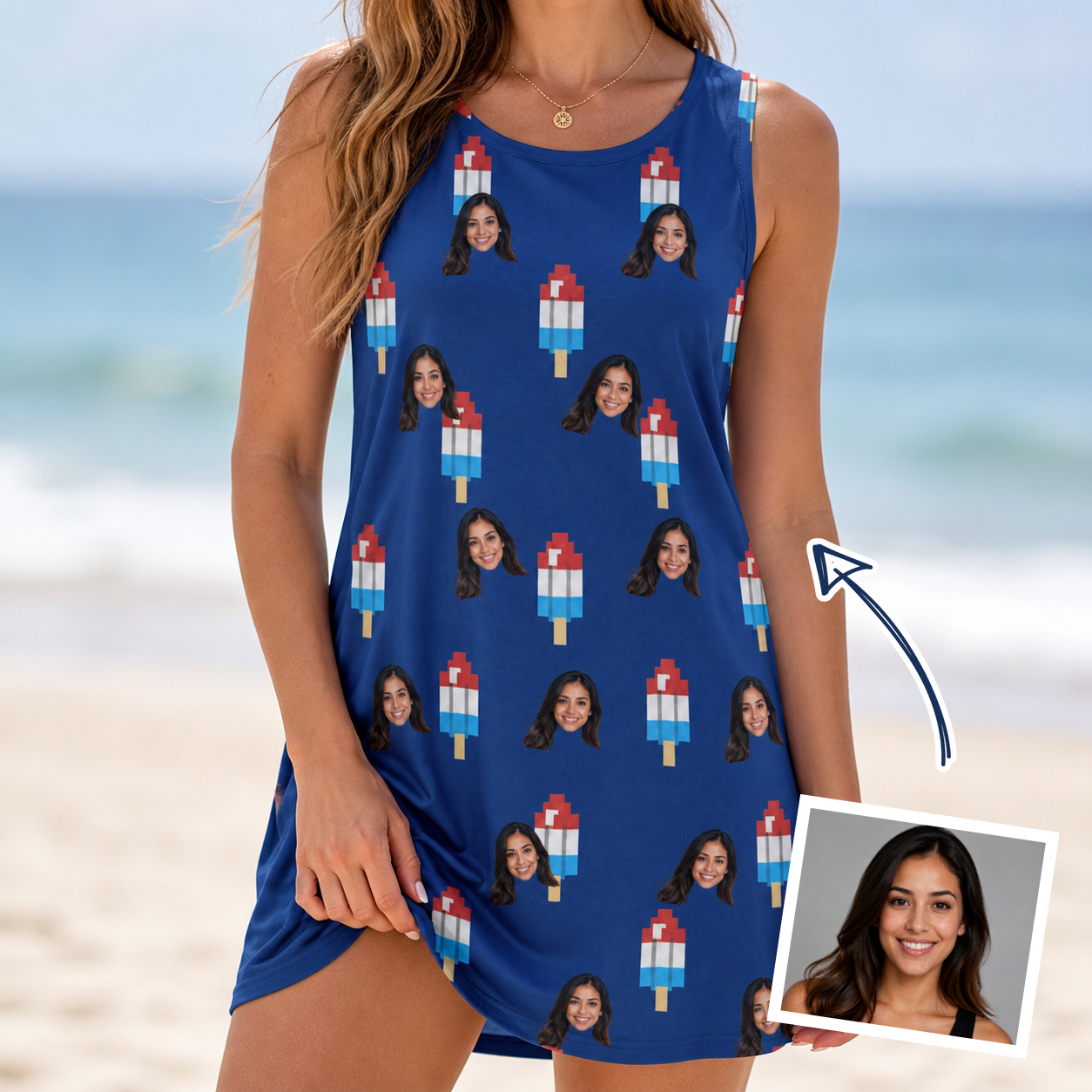 Woman wearing Women's Declaration Drips Custom Face Tank Dress — custom faces printed all-over