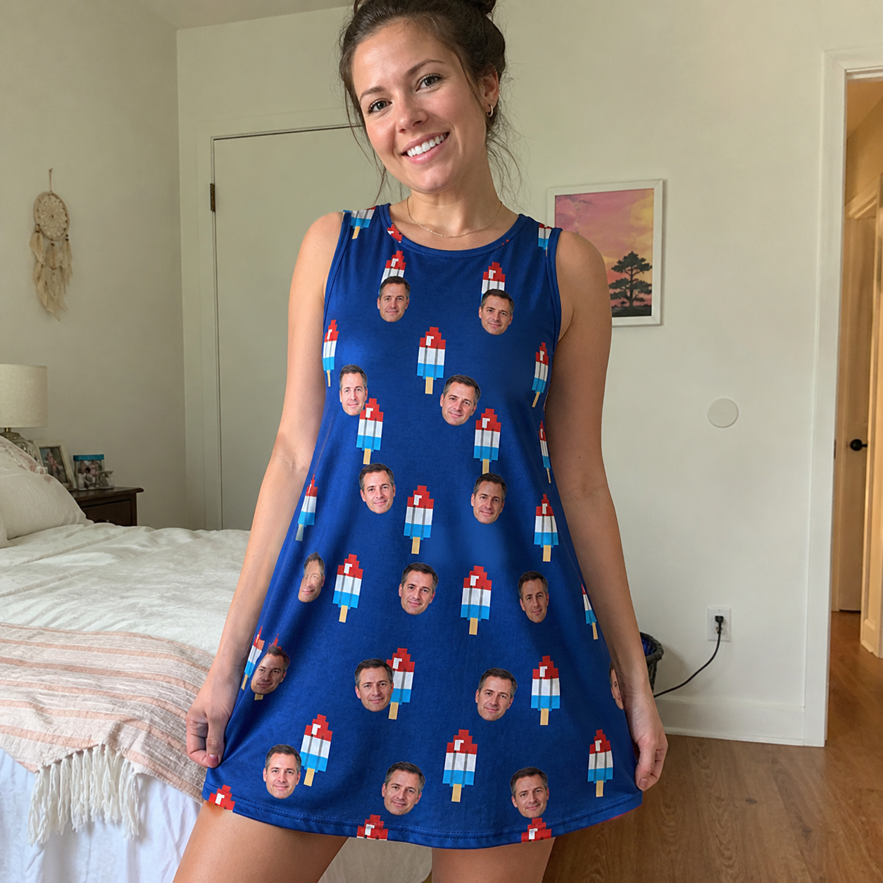 Real-life photo of someone wearing Women's Declaration Drips Custom Face Tank Dress — custom faces printed all-over