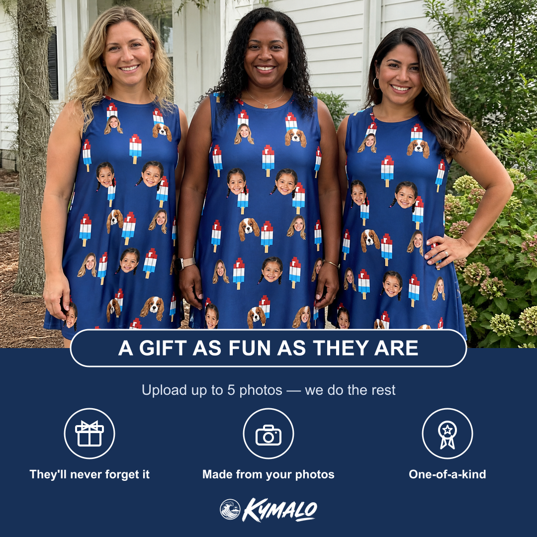 Friends in matching Women's Declaration Drips Custom Face Tank Dress — a group gift photo