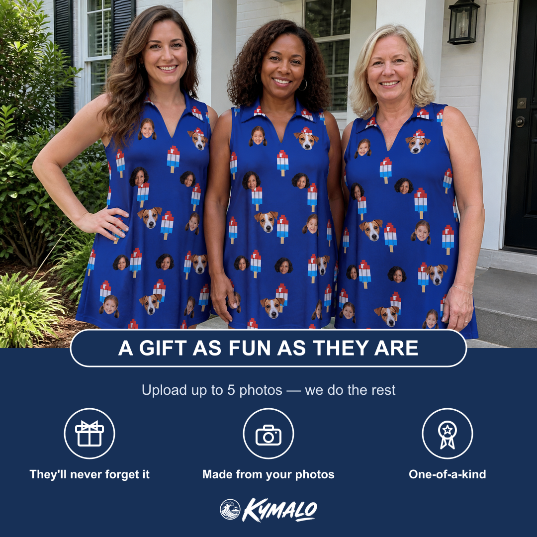 Friends in matching Women's Declaration Drips Custom Face V-Neck Dress — a group gift photo