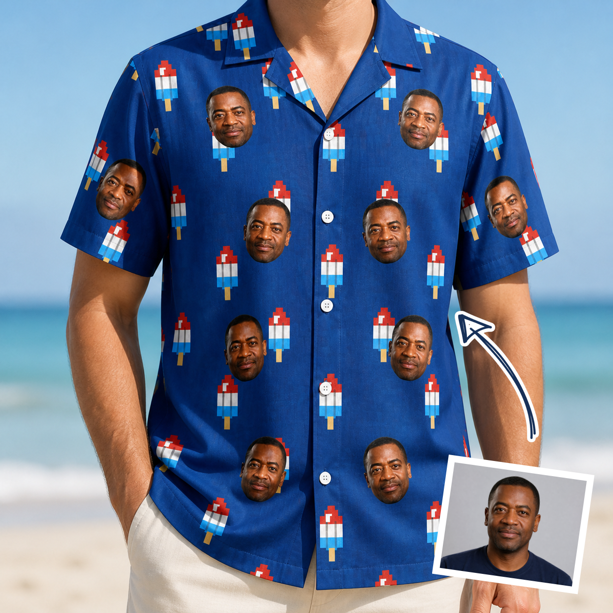 Man wearing Men's Declaration Drips Custom Face Hawaiian Shirt — custom faces printed all-over