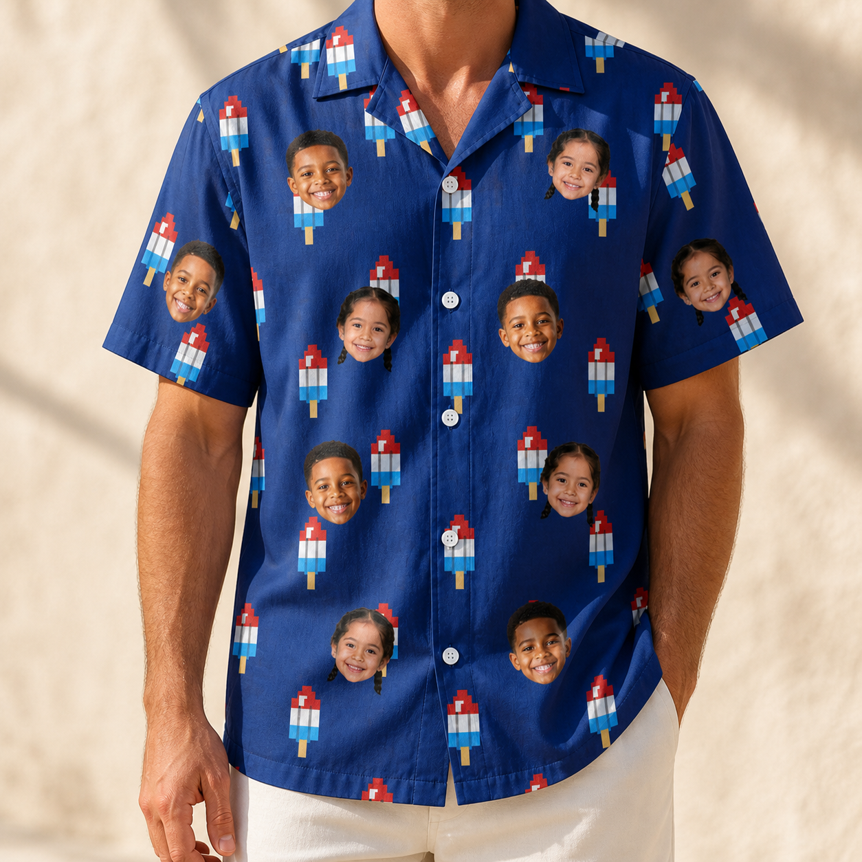 Model wearing Men's Declaration Drips Custom Face Hawaiian Shirt printed with kids' faces