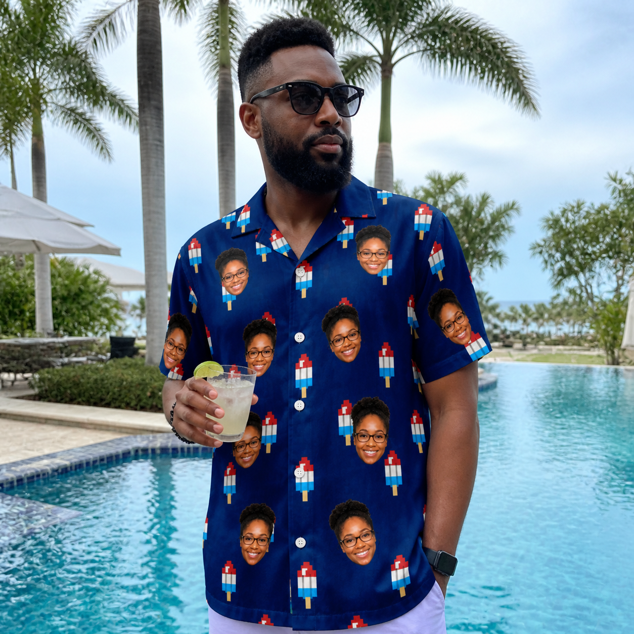 Real-life photo of someone wearing Men's Declaration Drips Custom Face Hawaiian Shirt — custom faces printed all-over