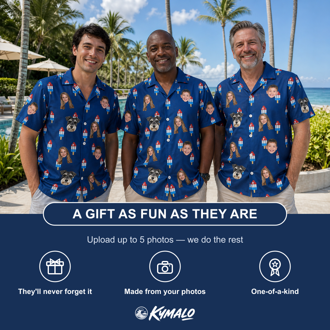 Friends in matching Men's Declaration Drips Custom Face Hawaiian Shirt — a group gift photo