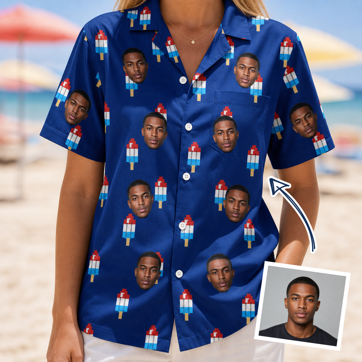 Woman wearing Women's Declaration Drips Custom Face Hawaiian Shirt — custom faces printed all-over