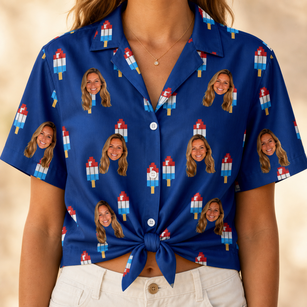 Woman wearing Women's Declaration Drips Custom Face Hawaiian Shirt tied at the waist