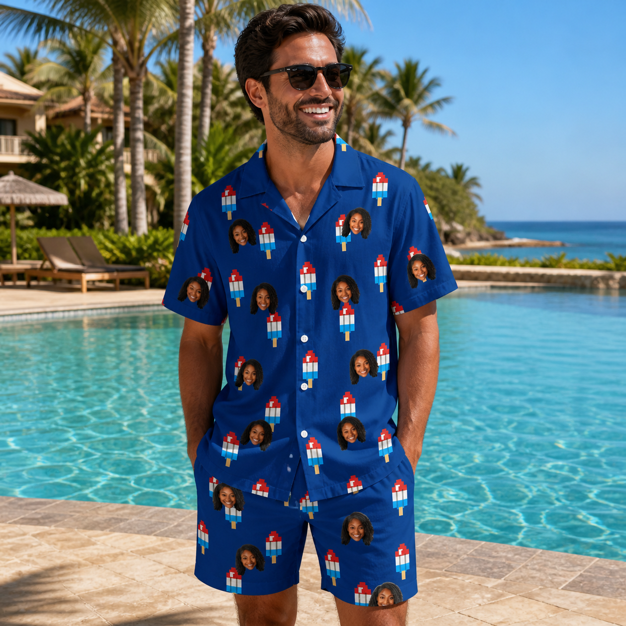 Real-life photo of someone wearing Men's Declaration Drips Custom Face Shirt & Shorts Set — custom faces printed all-over