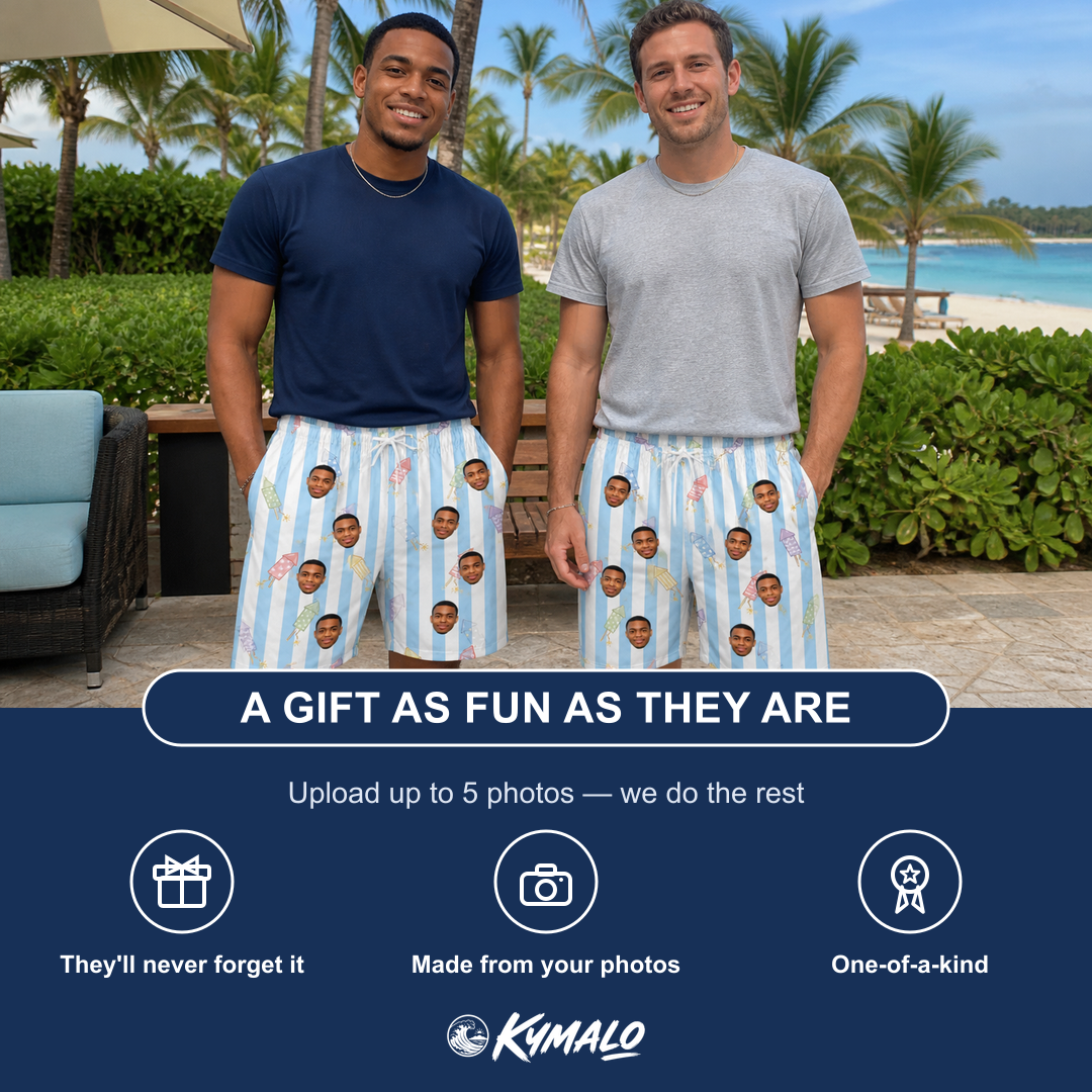 Friends in matching Men's Skyburst Salute Custom Face Beach Shorts — a group gift photo