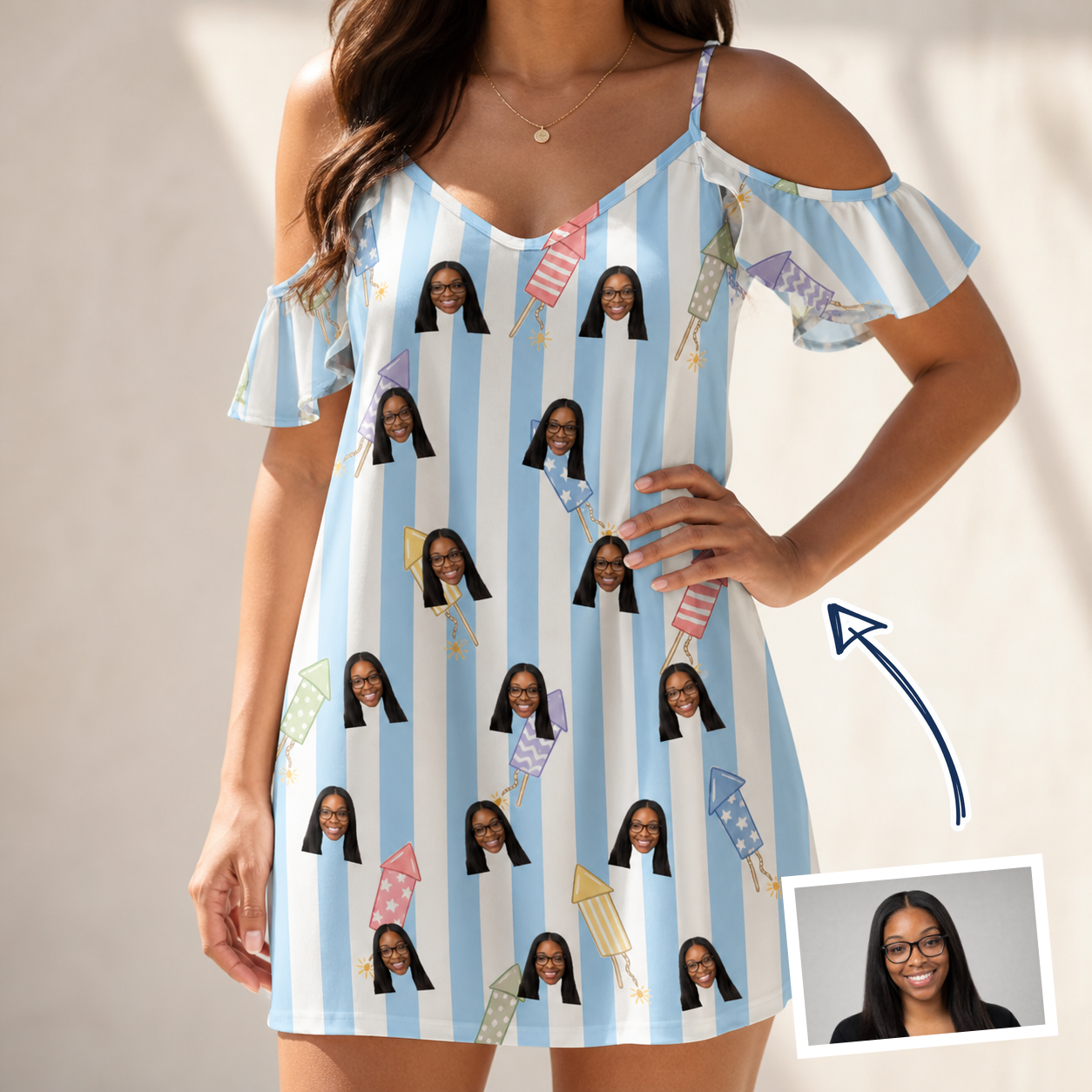 Woman wearing Women's Skyburst Salute Custom Face Off-Shoulder Dress — custom faces printed all-over