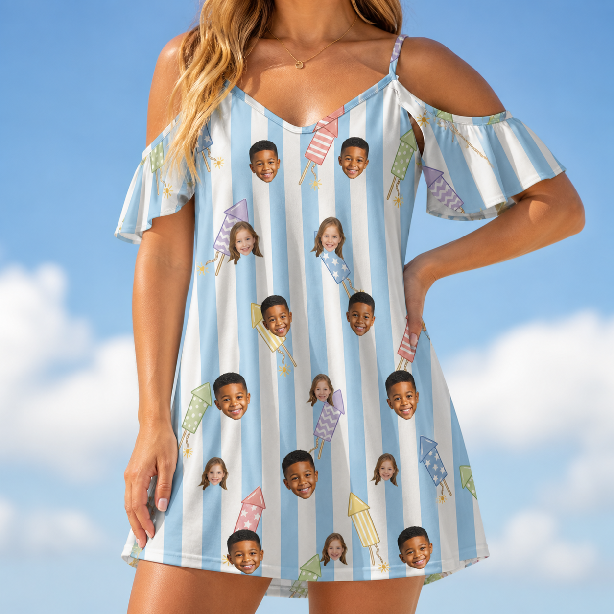 Model wearing Women's Skyburst Salute Custom Face Off-Shoulder Dress printed with kids' faces
