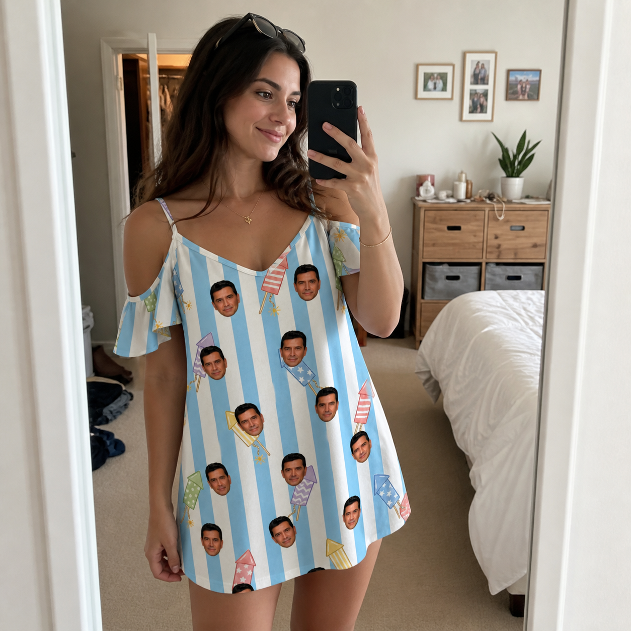 Real-life photo of someone wearing Women's Skyburst Salute Custom Face Off-Shoulder Dress — custom faces printed all-over
