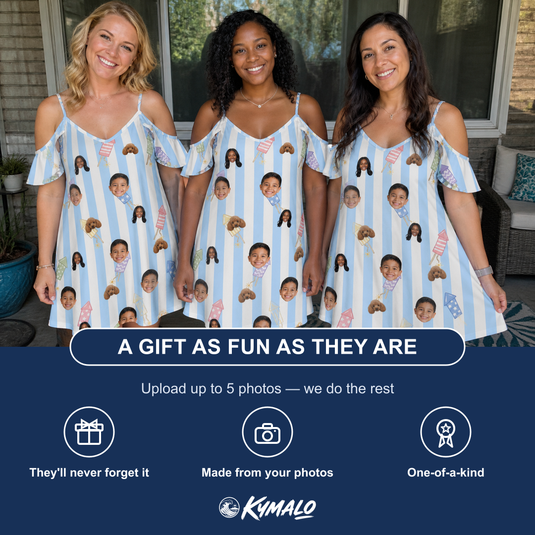 Friends in matching Women's Skyburst Salute Custom Face Off-Shoulder Dress — a group gift photo