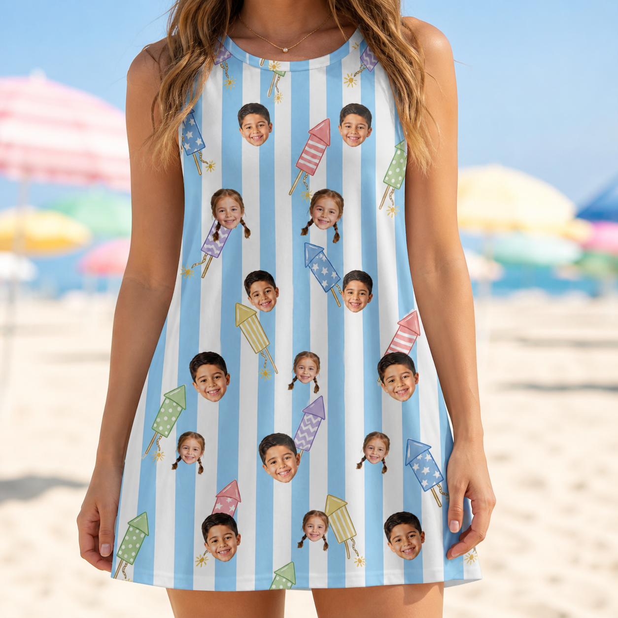 Model wearing Women's Skyburst Salute Custom Face Tank Dress printed with kids' faces