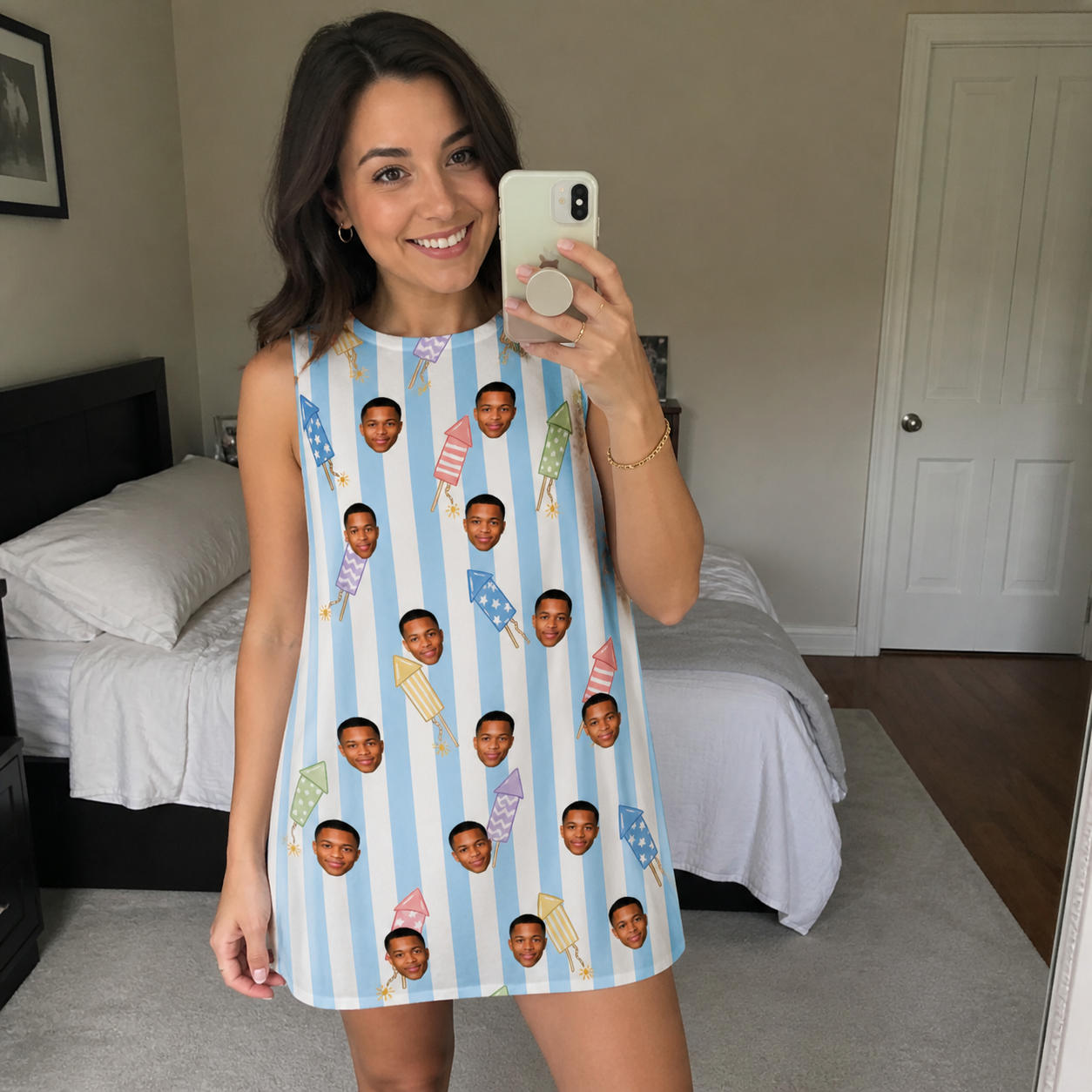 Real-life photo of someone wearing Women's Skyburst Salute Custom Face Tank Dress — custom faces printed all-over