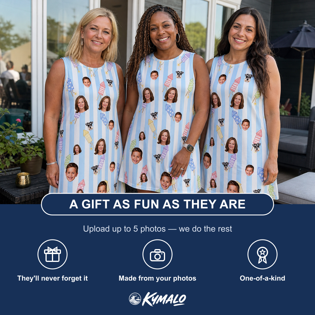 Friends in matching Women's Skyburst Salute Custom Face Tank Dress — a group gift photo