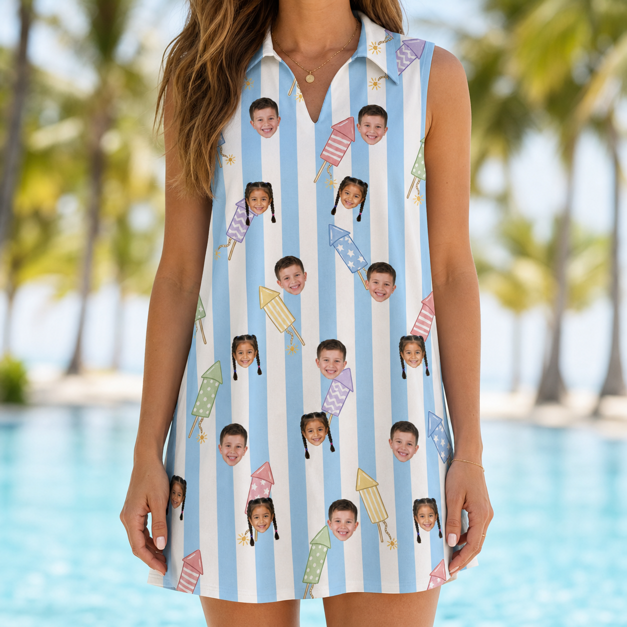 Model wearing Women's Skyburst Salute Custom Face V-Neck Dress printed with kids' faces