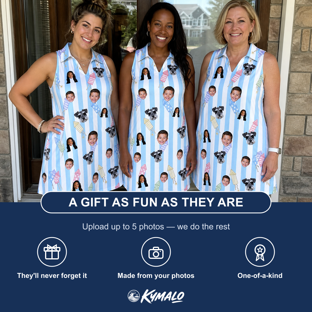Friends in matching Women's Skyburst Salute Custom Face V-Neck Dress — a group gift photo