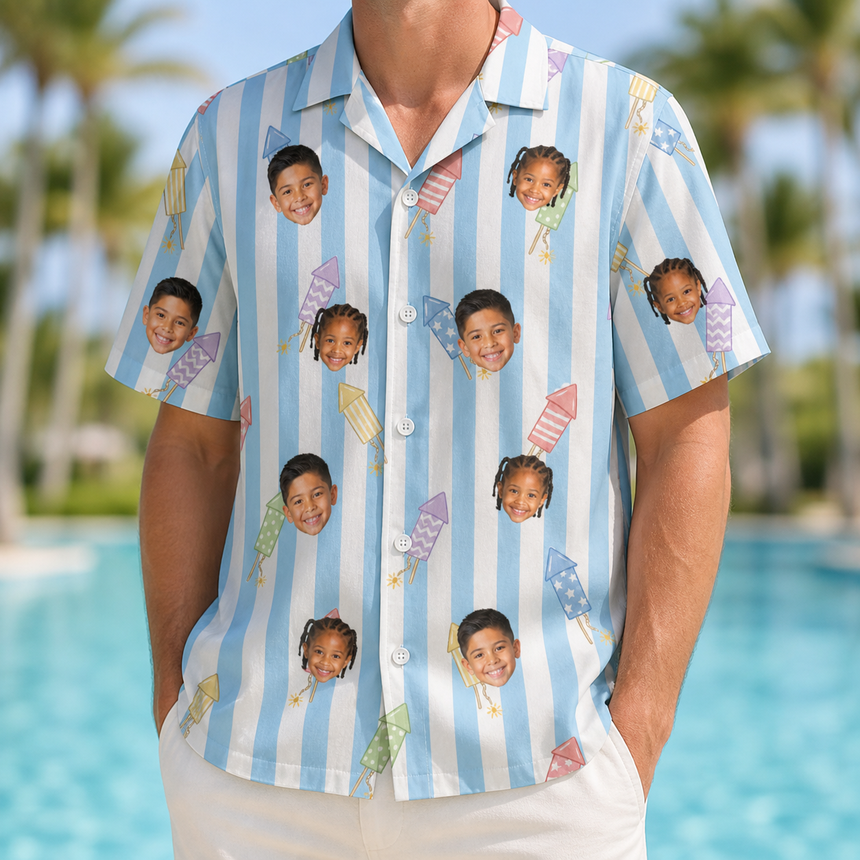 Model wearing Men's Skyburst Salute Custom Face Hawaiian Shirt printed with kids' faces