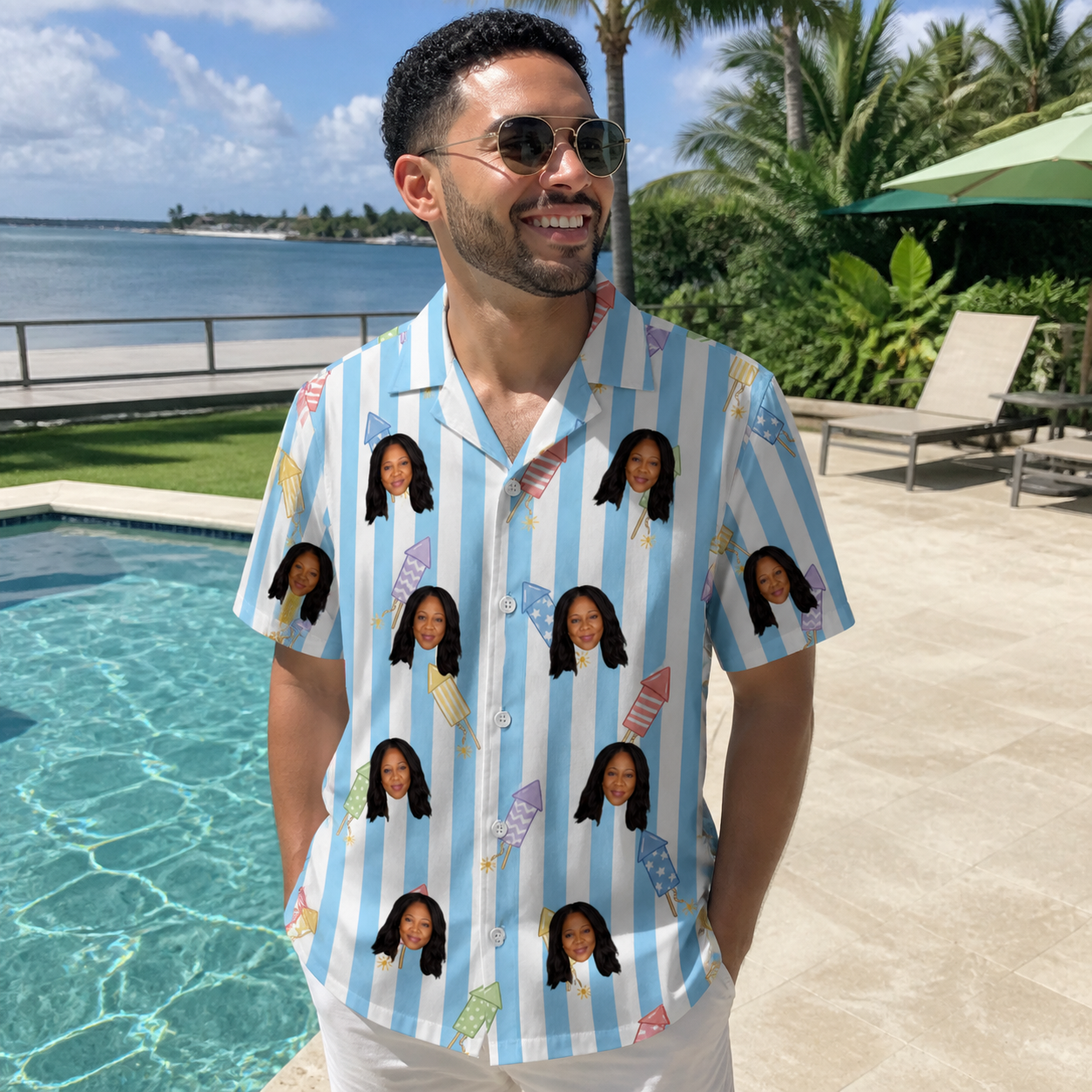 Real-life photo of someone wearing Men's Skyburst Salute Custom Face Hawaiian Shirt — custom faces printed all-over
