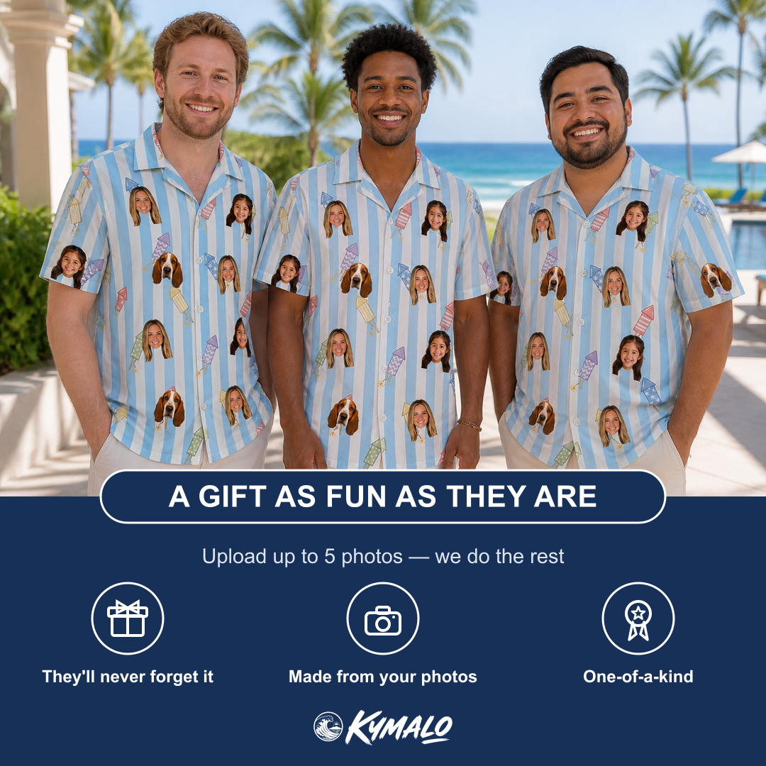 Friends in matching Men's Skyburst Salute Custom Face Hawaiian Shirt — a group gift photo
