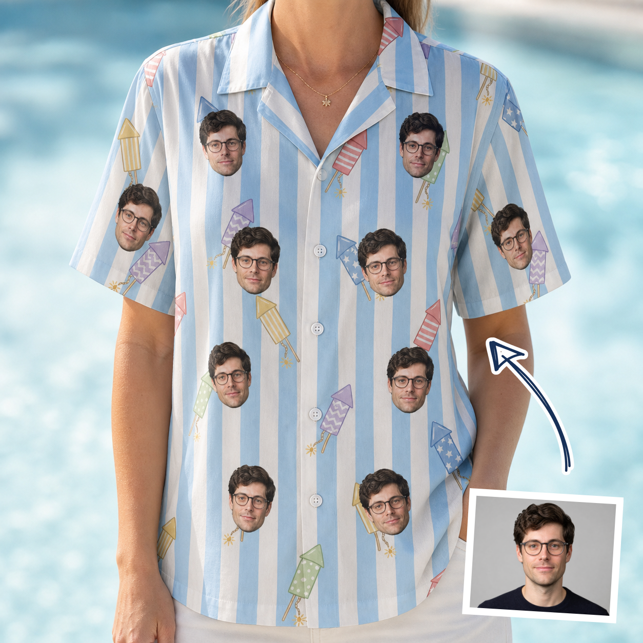 Woman wearing Women's Skyburst Salute Custom Face Hawaiian Shirt — custom faces printed all-over