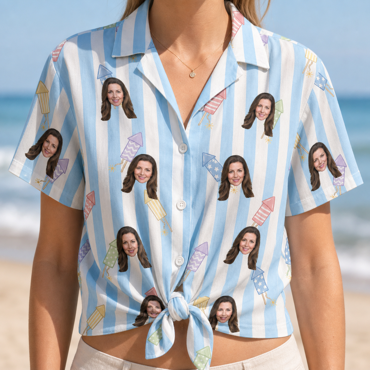 Woman wearing Women's Skyburst Salute Custom Face Hawaiian Shirt tied at the waist