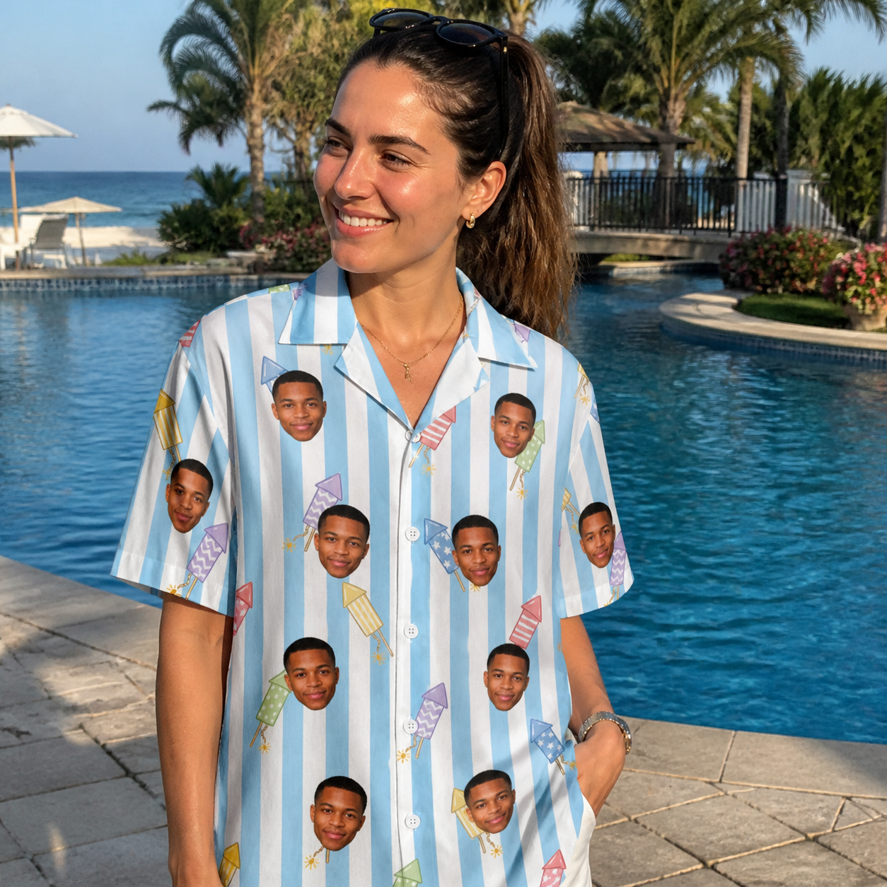 Real-life photo of someone wearing Women's Skyburst Salute Custom Face Hawaiian Shirt — custom faces printed all-over