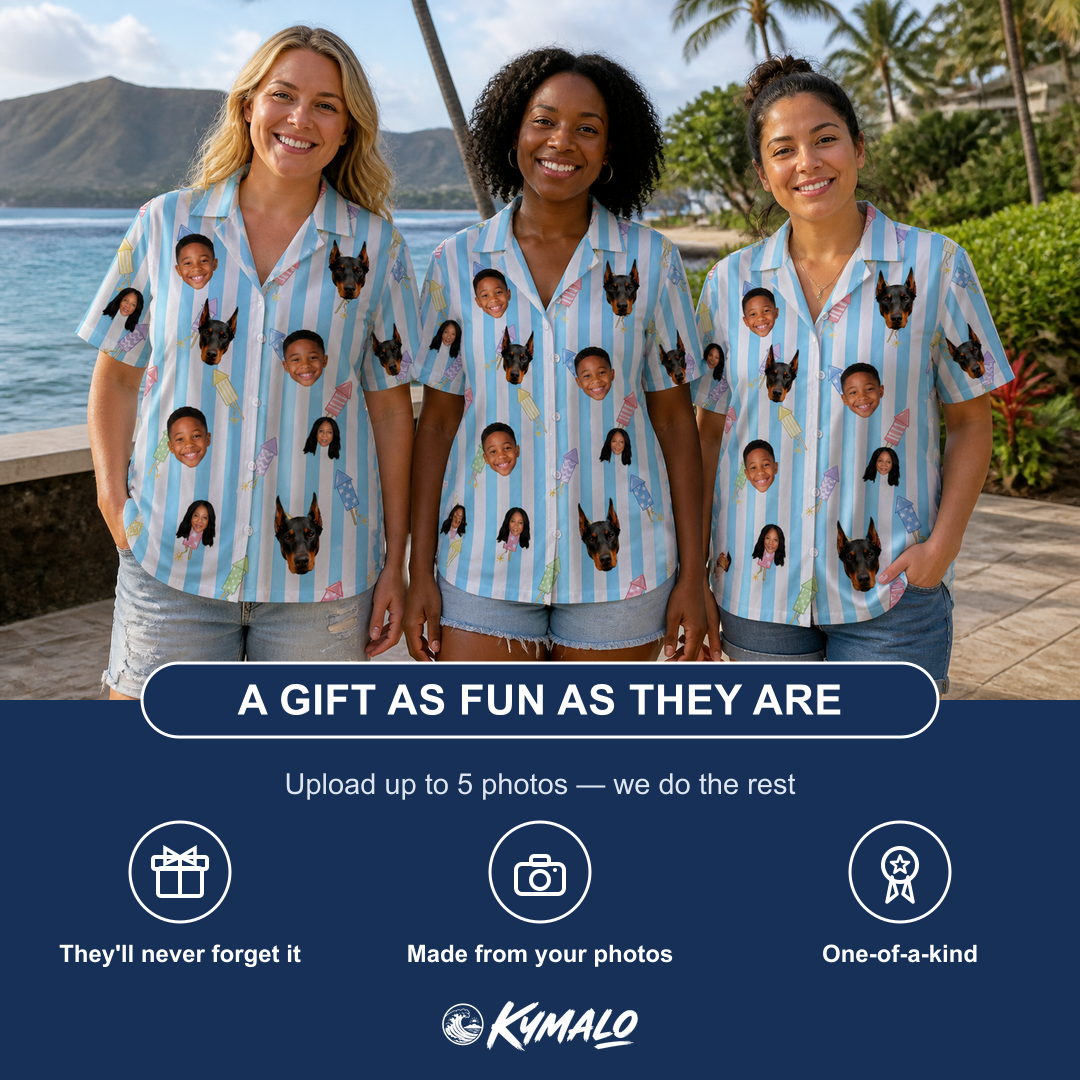 Friends in matching Women's Skyburst Salute Custom Face Hawaiian Shirt — a group gift photo