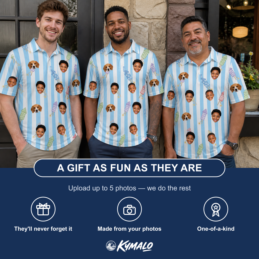 Friends in matching Men's Skyburst Salute Custom Face Polo Shirt — a group gift photo