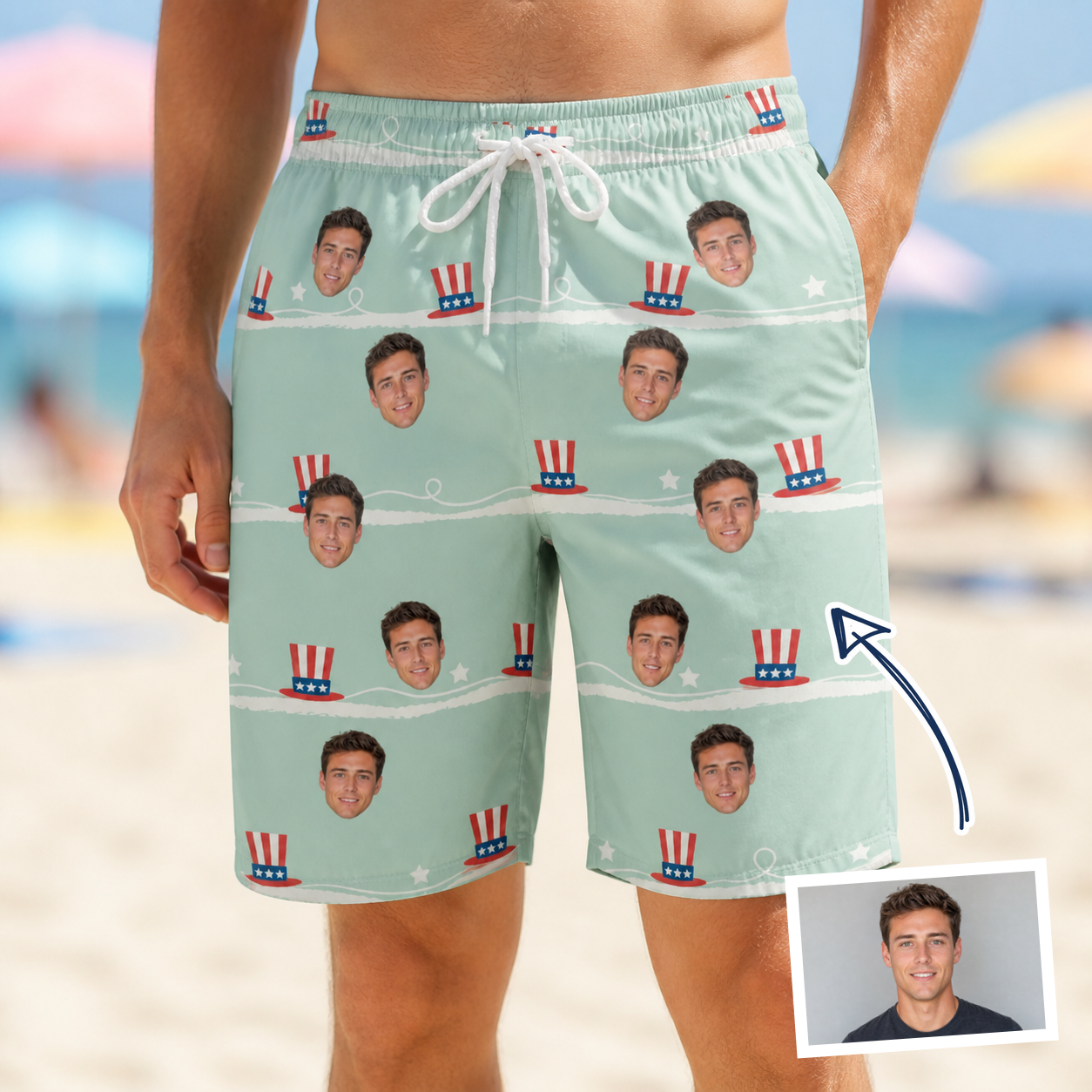 Man wearing Men's Sam's Sparkle Custom Face Beach Shorts — custom faces printed all-over