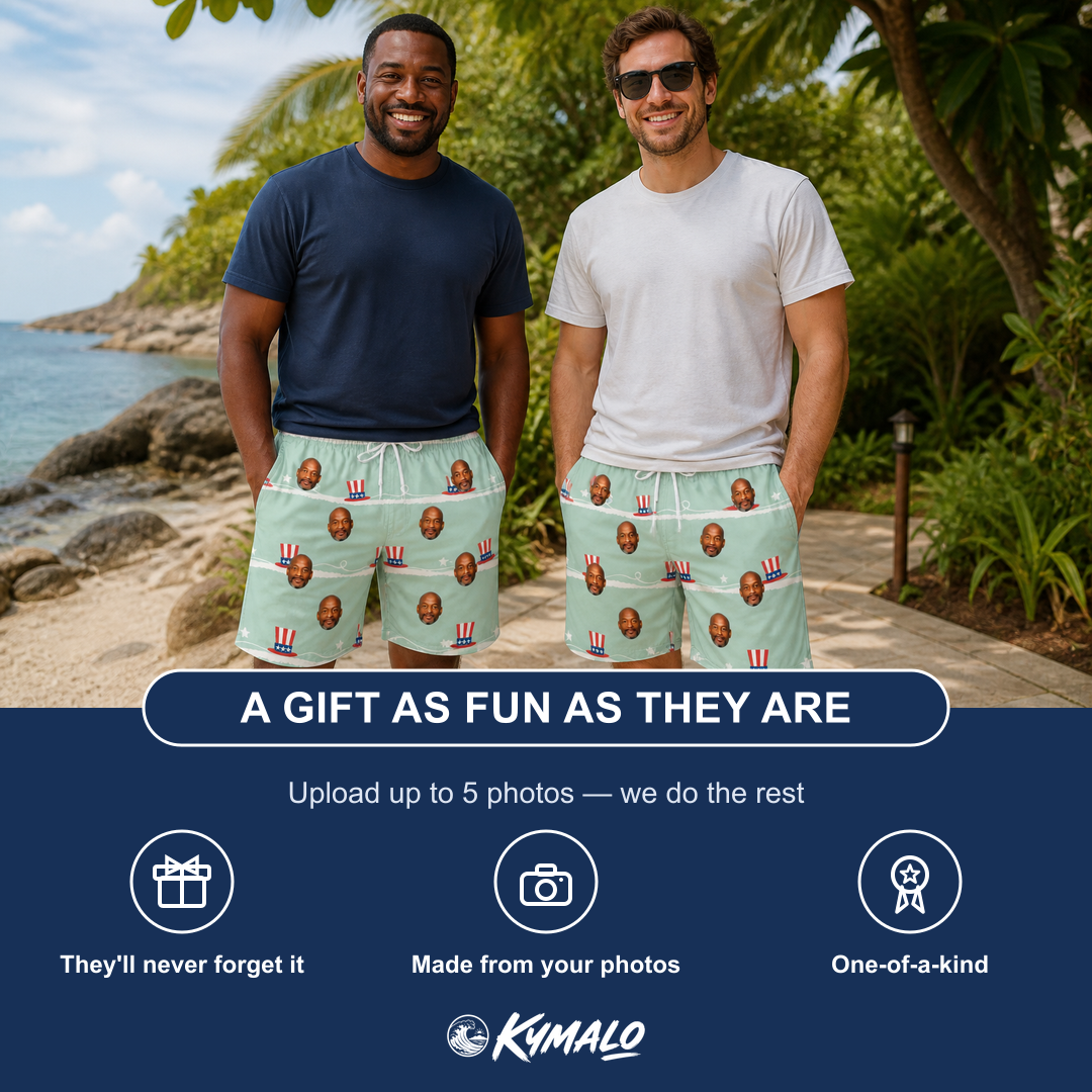 Friends in matching Men's Sam's Sparkle Custom Face Beach Shorts — a group gift photo