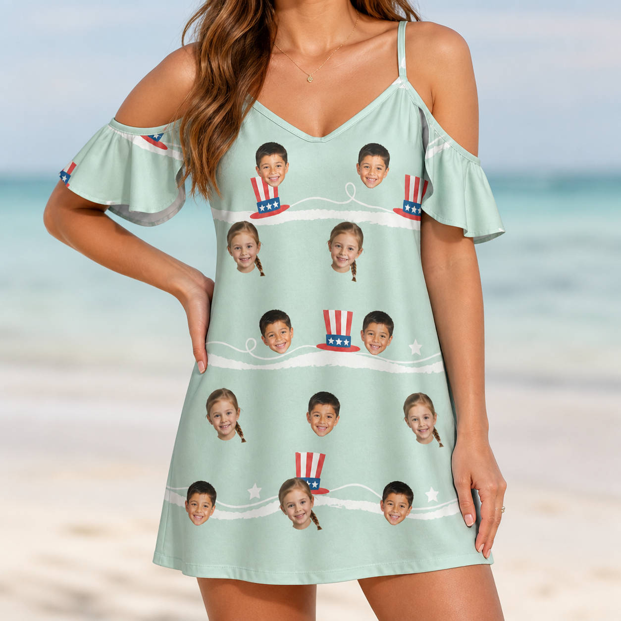 Model wearing Women's Sam's Sparkle Custom Face Off-Shoulder Dress printed with kids' faces