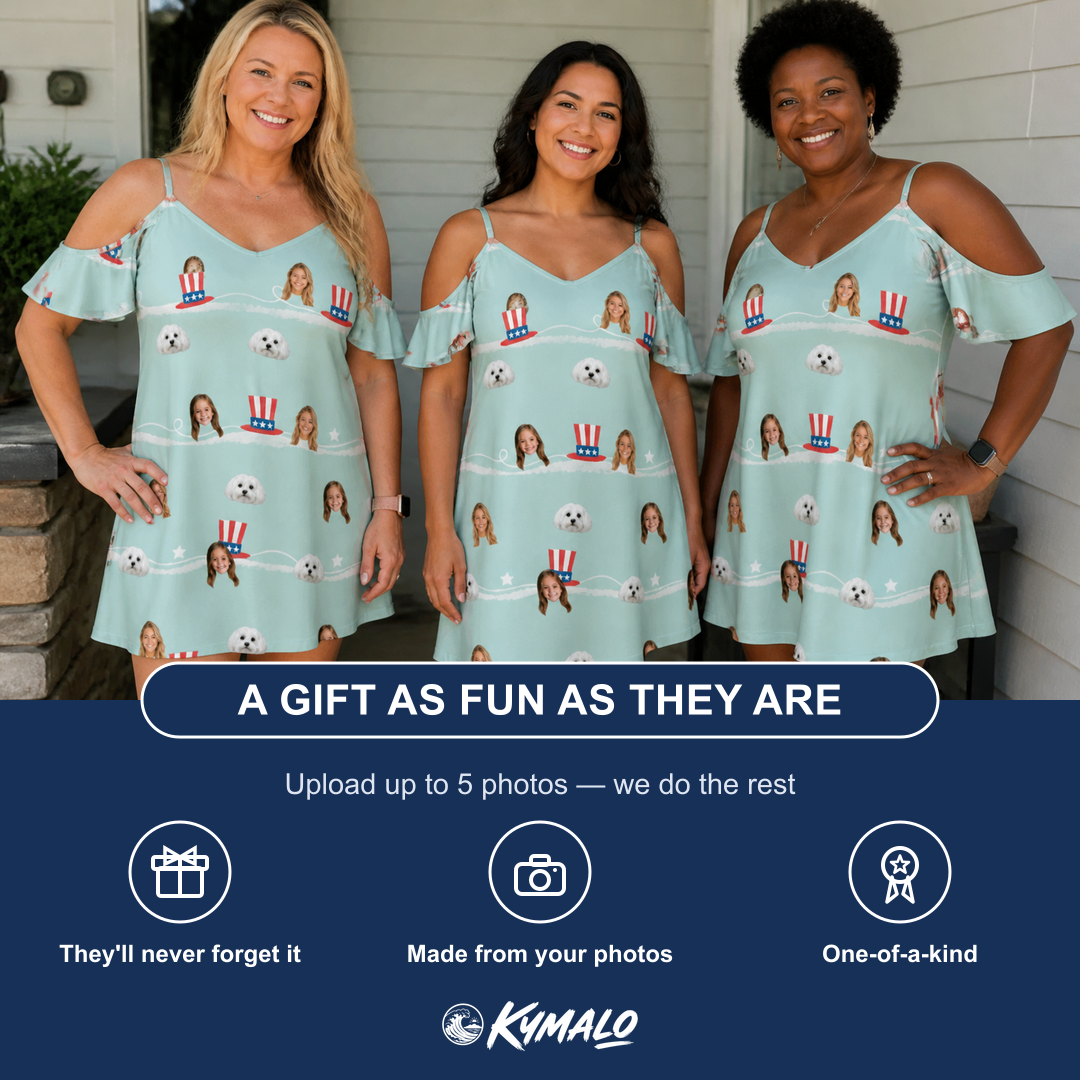 Friends in matching Women's Sam's Sparkle Custom Face Off-Shoulder Dress — a group gift photo