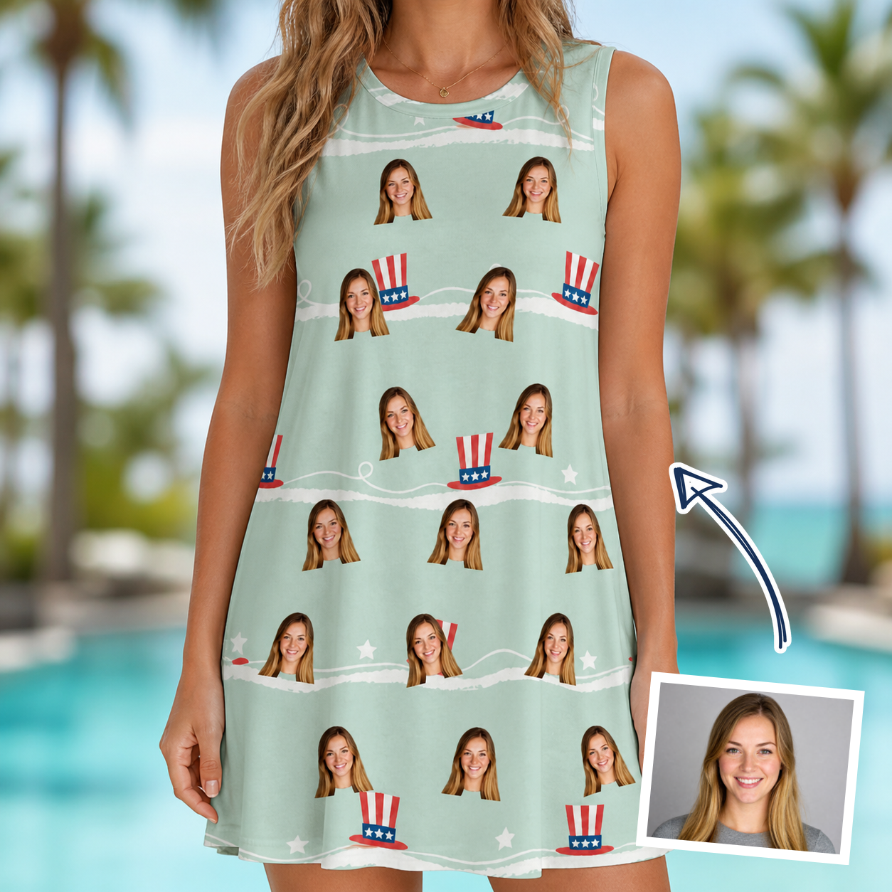 Woman wearing Women's Sam's Sparkle Custom Face Tank Dress — custom faces printed all-over