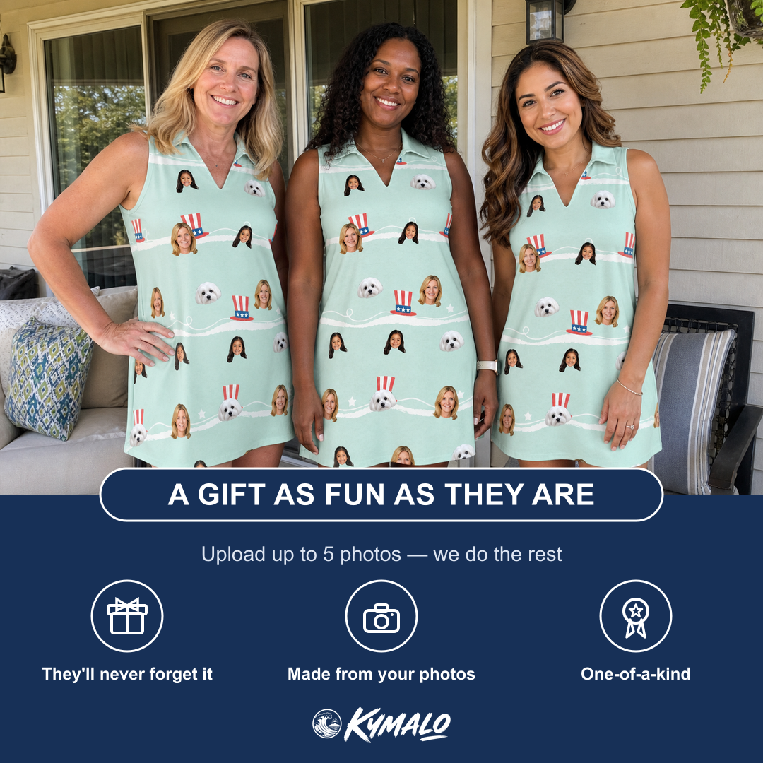Friends in matching Women's Sam's Sparkle Custom Face V-Neck Dress — a group gift photo