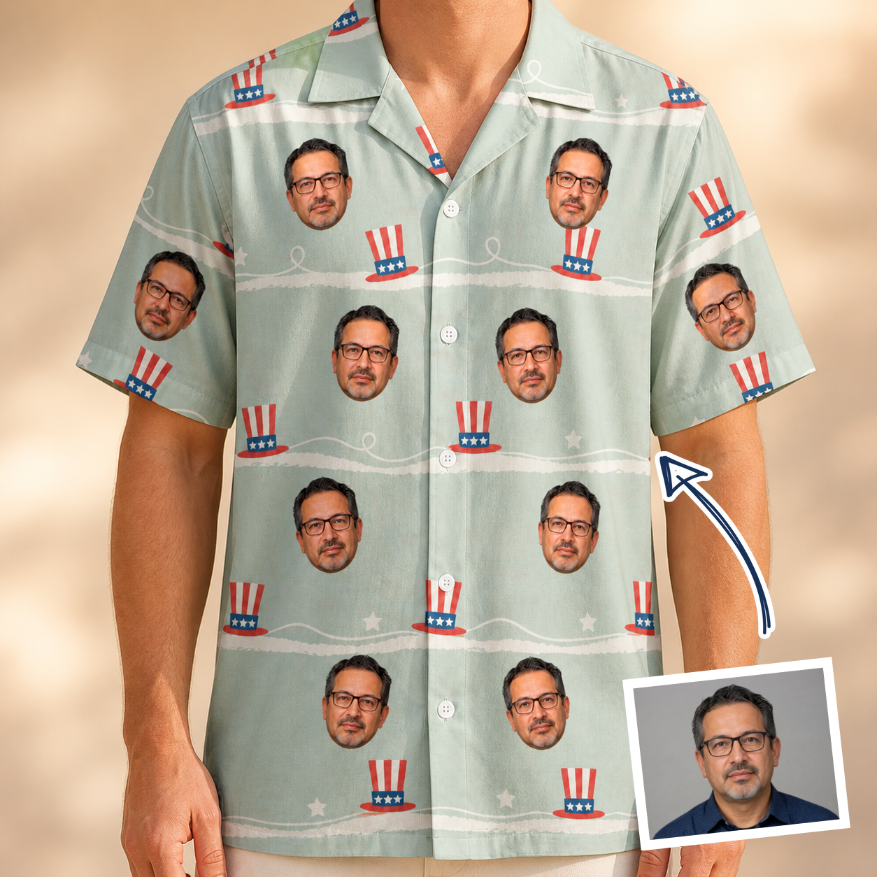 Man wearing Men's Sam's Sparkle Custom Face Hawaiian Shirt — custom faces printed all-over