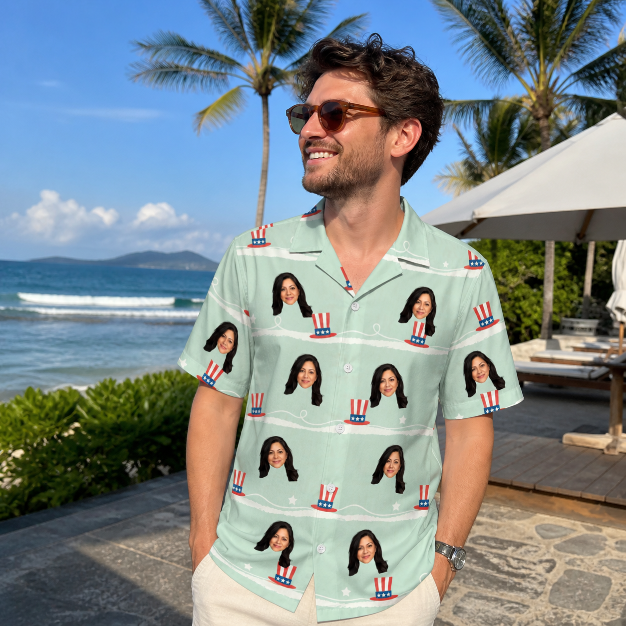 Real-life photo of someone wearing Men's Sam's Sparkle Custom Face Hawaiian Shirt — custom faces printed all-over